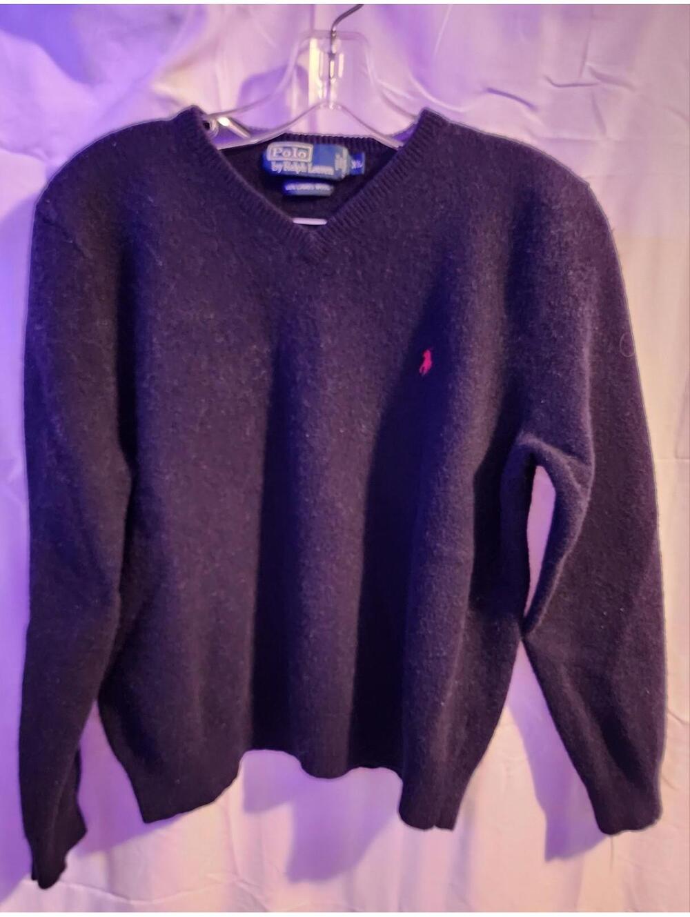 Mens XL Polo by Ralph Lauren V Neck Lambs Wool Sweater. In Good Condition. Blue